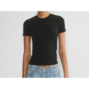 Aritzia Babaton Rayon Blend Short Sleeve Shirt Minimalist Black Sz XS